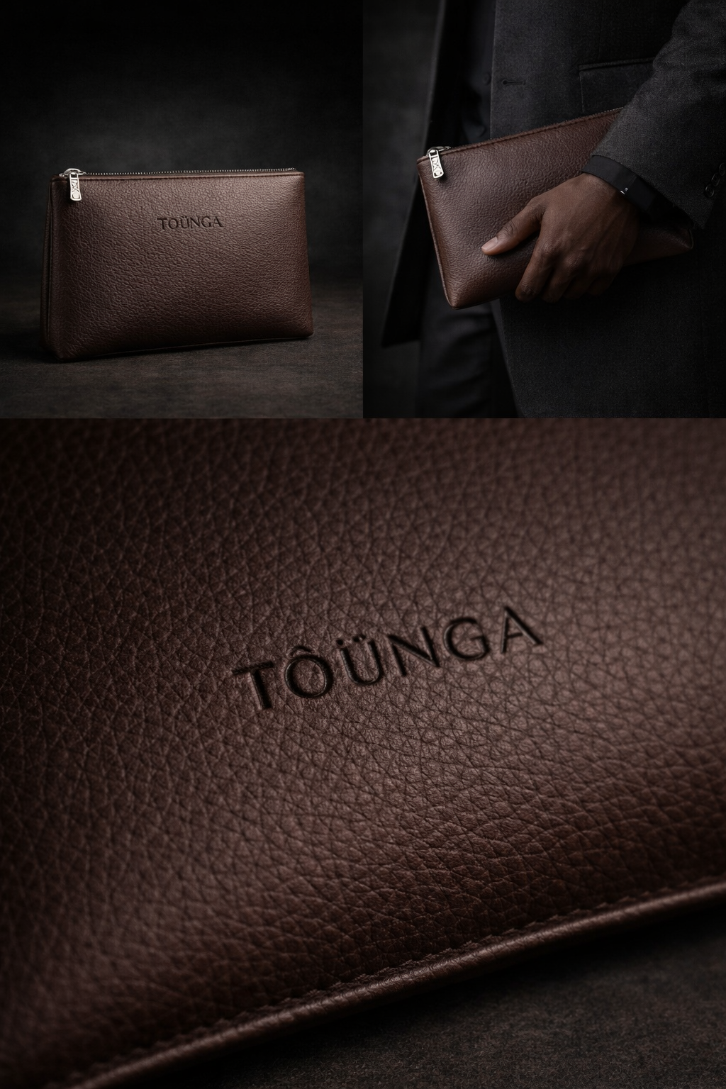 Détail du logo TOÜNGA embossé sur cuir marron